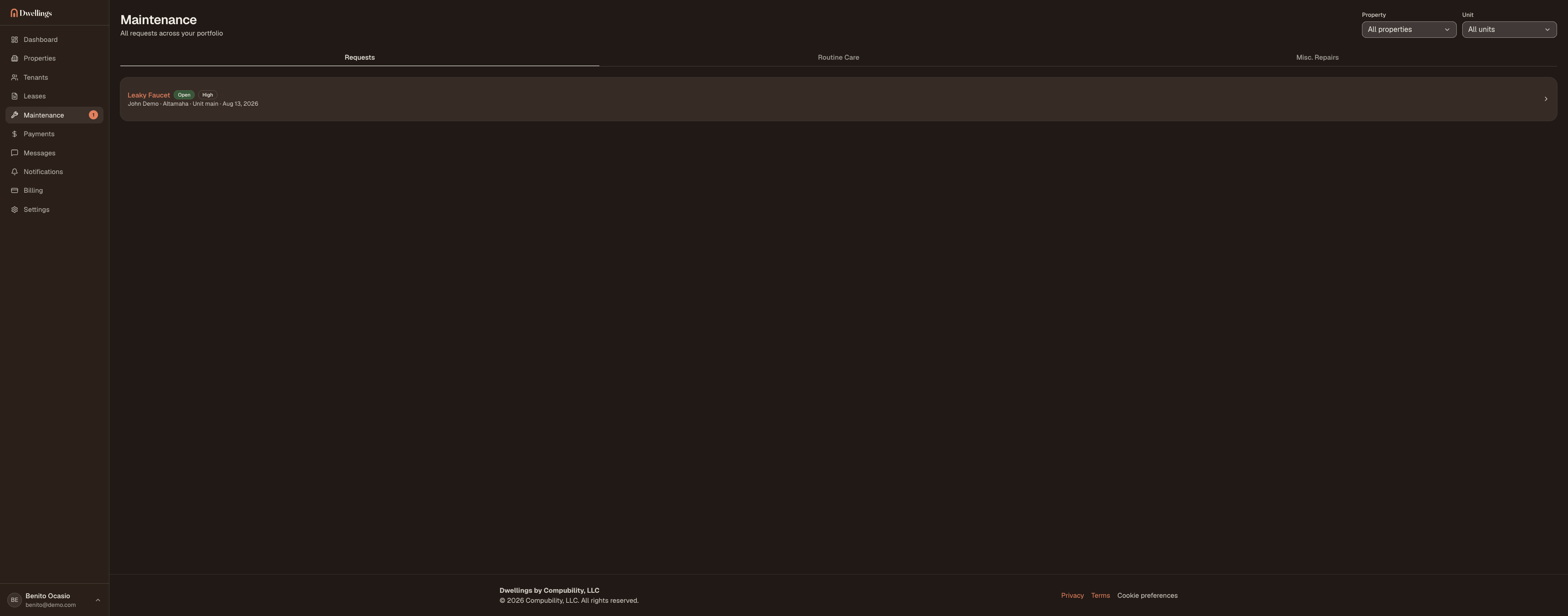 The Dwellings maintenance screen showing a routine-care checklist for a property