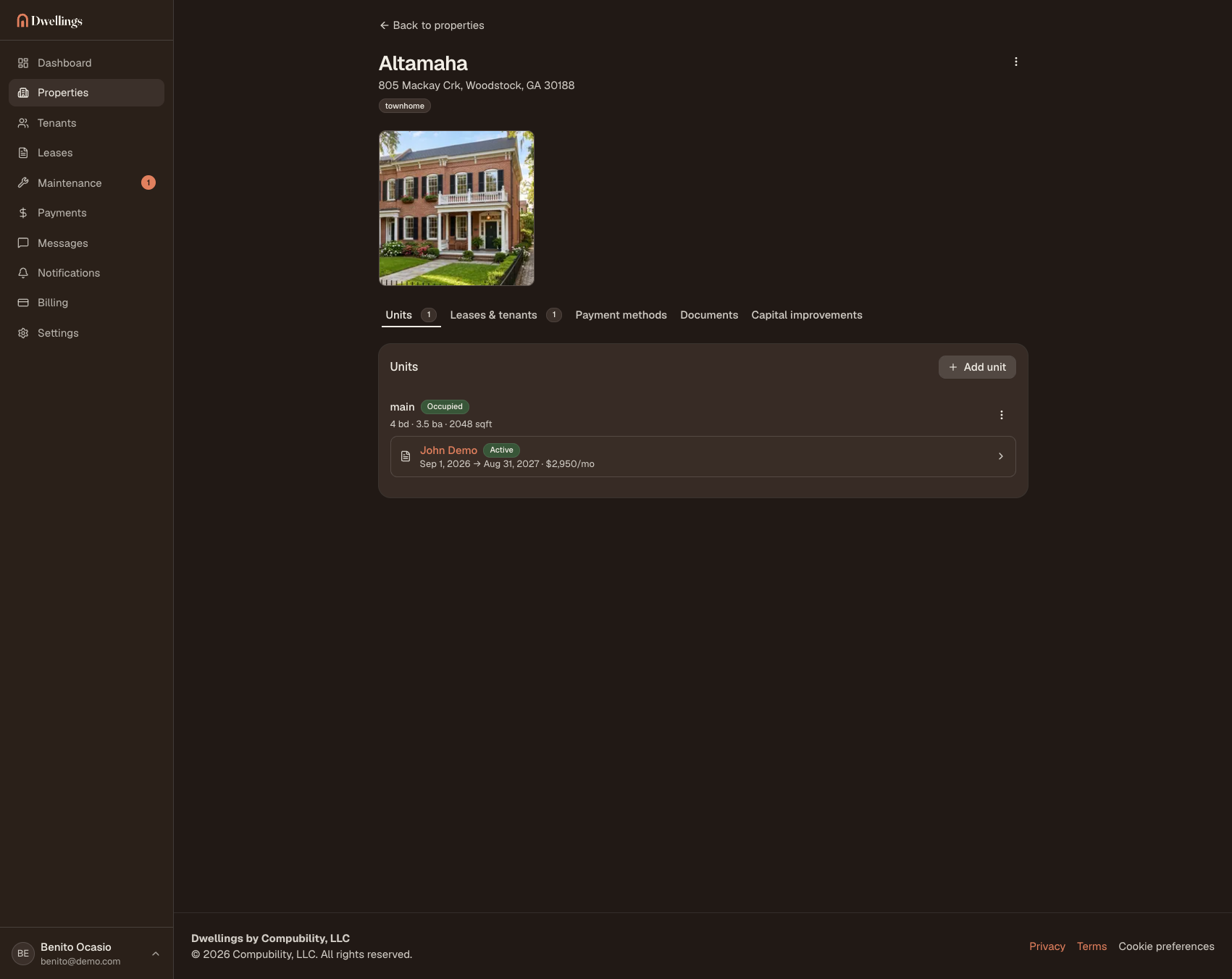 The Dwellings property detail screen showing a unit with its lease and payment tabs