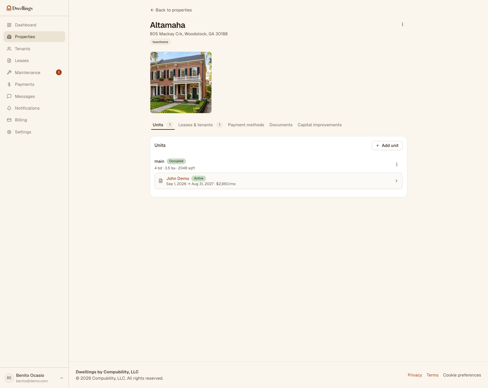 The Dwellings property detail screen showing a unit with its lease and payment tabs